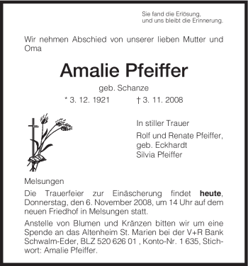 Traueranzeige von Amalie Pfeiffer von HNA