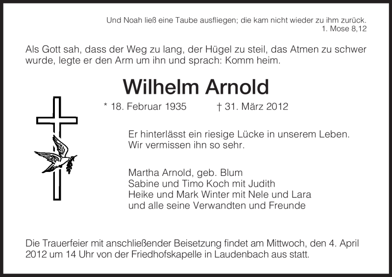  Traueranzeige für Wilhelm Arnold vom 03.04.2012 aus HNA