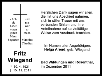 Traueranzeige von Fritz Wiegand von HNA