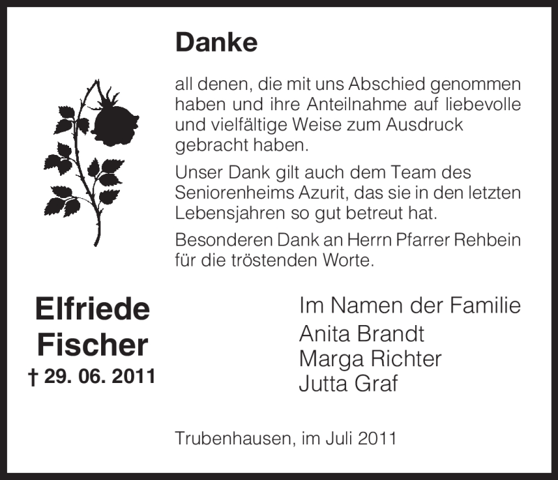  Traueranzeige für Elfriede Fischer vom 16.07.2011 aus HNA