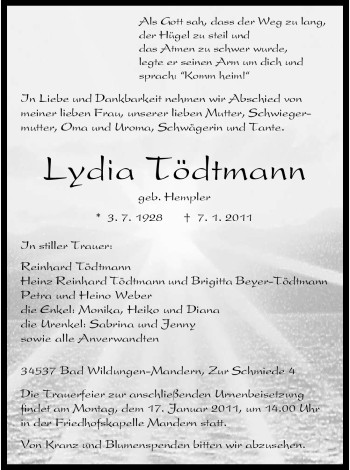 Traueranzeige von Lydia Tödtmann von HNA