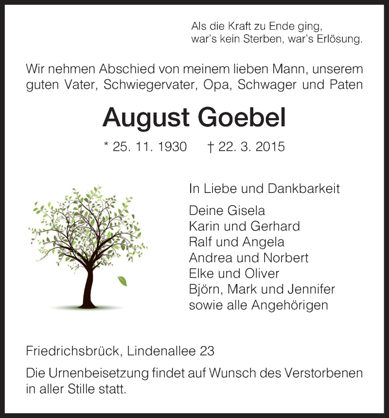  Traueranzeige für August Goebel vom 25.03.2015 aus HNA