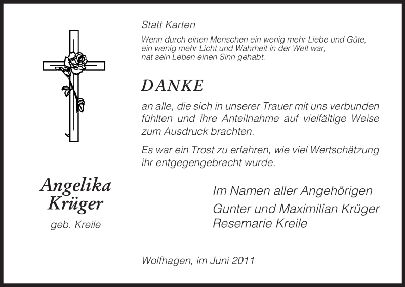  Traueranzeige für Angelika Krüger vom 18.06.2011 aus HNA