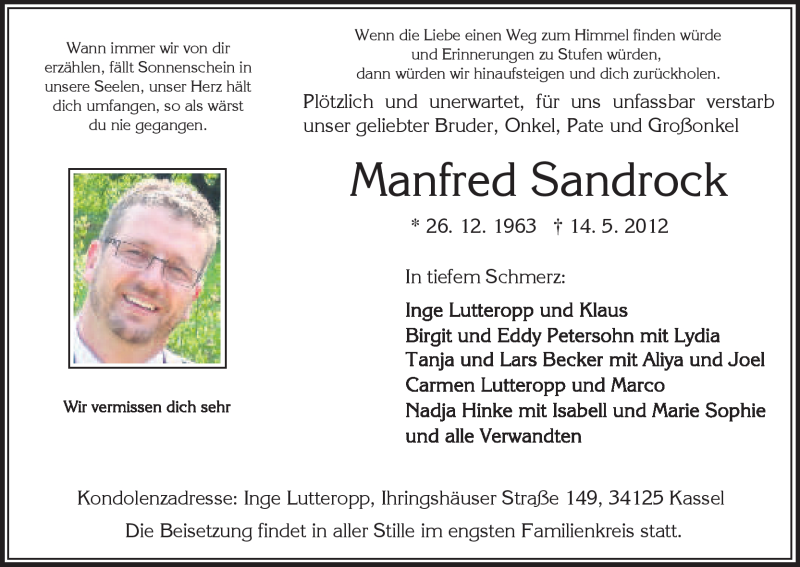  Traueranzeige für Manfred Sandrock vom 26.05.2012 aus HNA