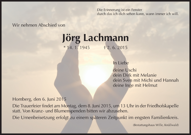  Traueranzeige für Jörg Lachmann vom 06.06.2015 aus HNA