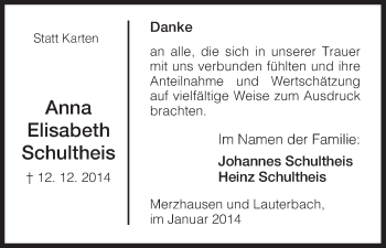 Traueranzeige von Anna Elisabeth Schultheis von HNA