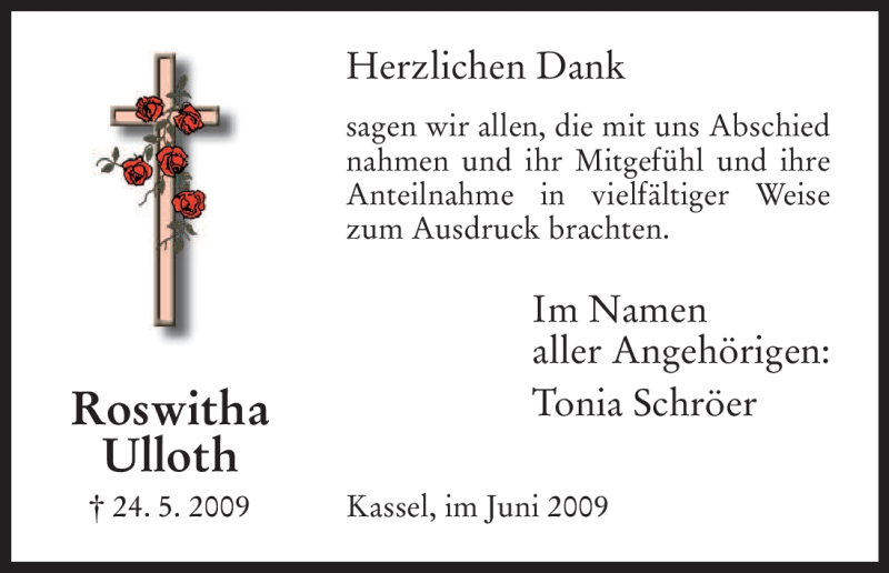  Traueranzeige für Roswitha Ulloth vom 20.06.2009 aus HNA