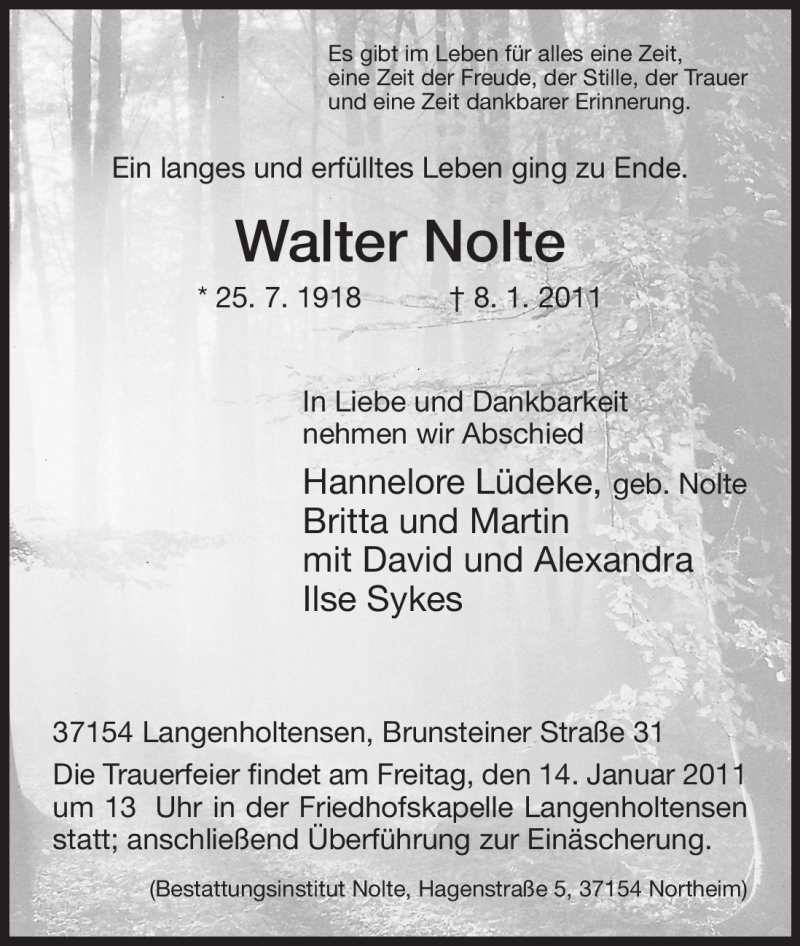  Traueranzeige für Walter Nolte vom 12.01.2011 aus HNA