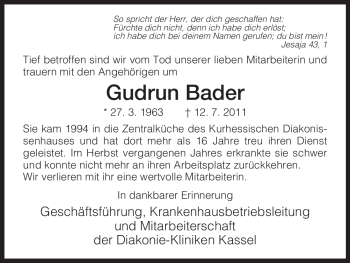 Traueranzeige von Gudrun Bader von HNA