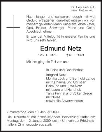 Traueranzeige von Edmund Netz von HNA