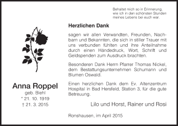 Traueranzeige von Anna Roppel von HNA