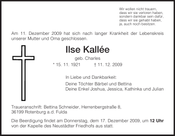 Traueranzeige von Ilse Kallée von HNA