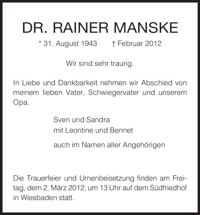  Traueranzeige für Rainer Manske vom 23.02.2012 aus HNA