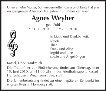 Traueranzeige von Agnes Weyher von HNA
