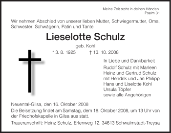 Traueranzeige von Lieselotte Schulz von HNA