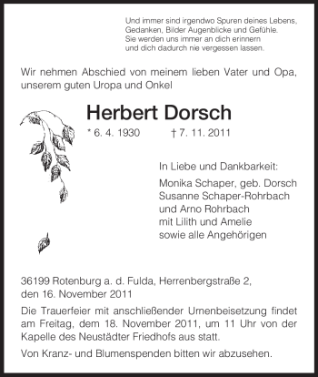 Traueranzeige von Herbert Dorsch von HNA