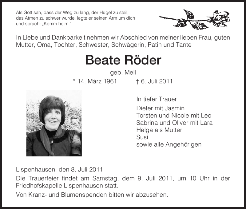  Traueranzeige für Beate Röder vom 08.07.2011 aus HNA