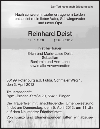 Traueranzeige von Reinhard Deist von HNA