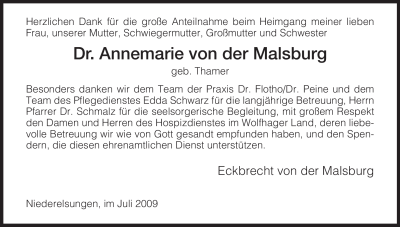  Traueranzeige für Annemarie von der Malsburg vom 20.06.2009 aus HNA