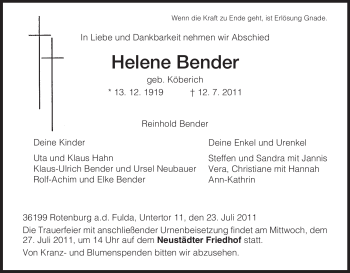 Traueranzeige von Helene Bender von HNA