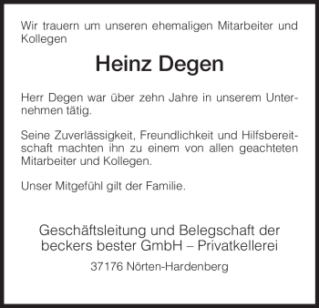 Traueranzeige von Heinz Degen von HNA