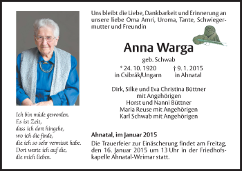 Traueranzeige von Anna Warga von HNA