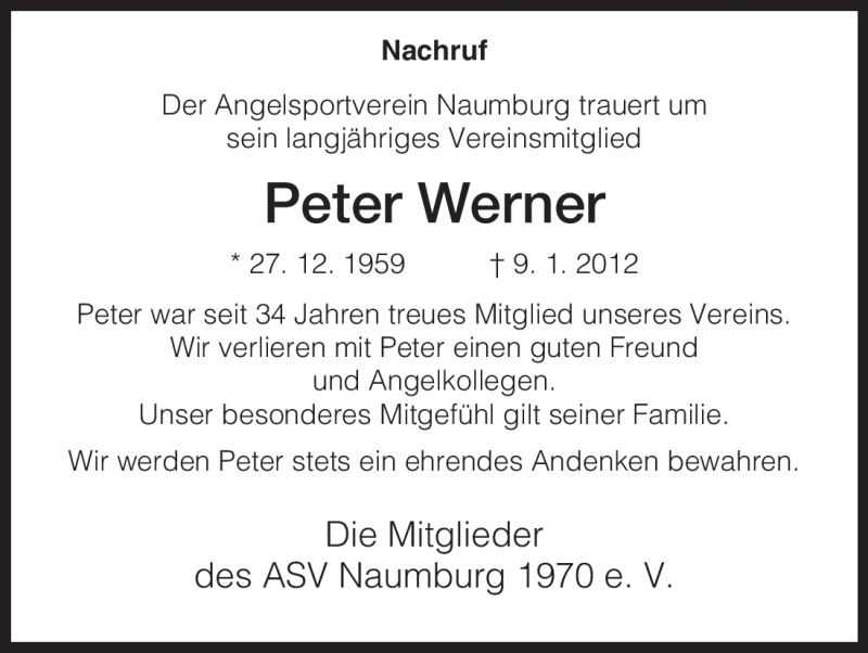  Traueranzeige für Peter Werner vom 13.01.2012 aus HNA
