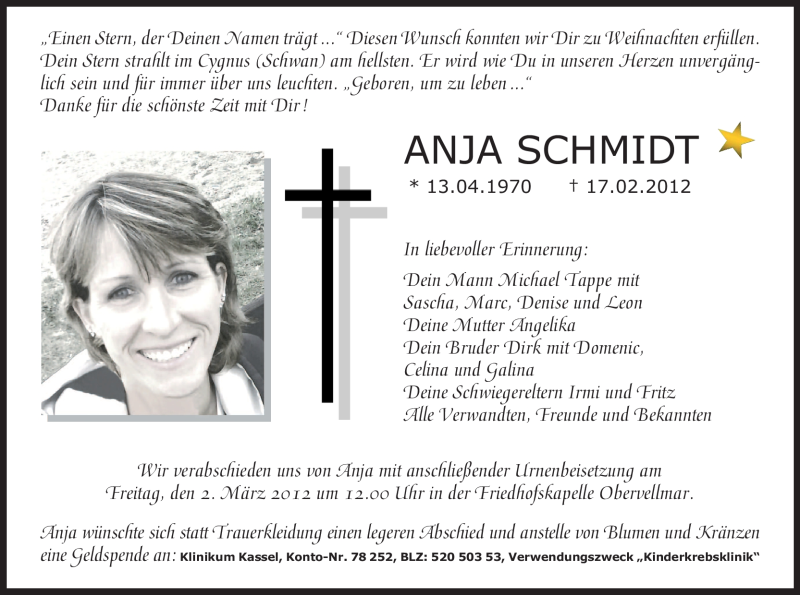  Traueranzeige für Anja Schmidt vom 29.02.2012 aus HNA