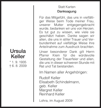 Traueranzeige von Ursula Keller von HNA