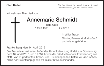 Traueranzeige von Annemarie Schmidt von HNA