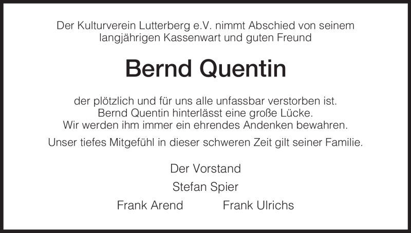  Traueranzeige für Bernd Quentin vom 10.11.2011 aus HNA