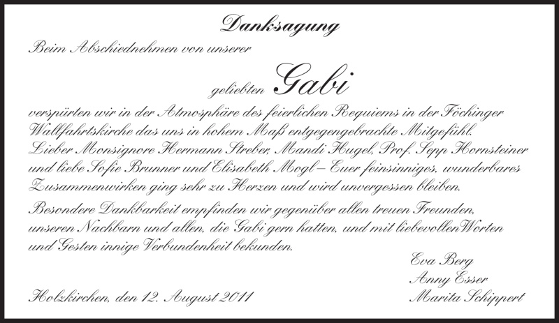  Traueranzeige für Gabi Unbekannt vom 13.08.2011 aus HNA
