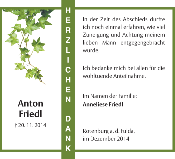 Traueranzeige von Anton Friedl von HNA