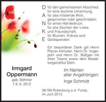 Traueranzeige von Irmgard Oppermann von HNA