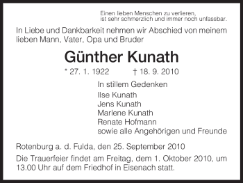Traueranzeige von Günther Kunath von HNA