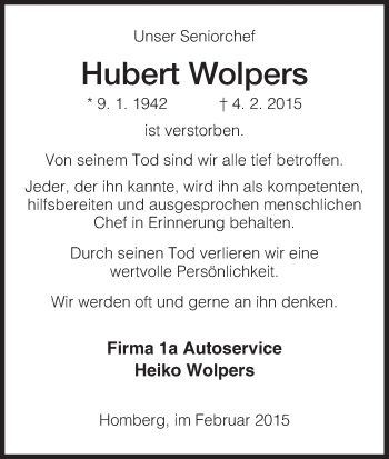 Traueranzeige von Hubert Wolpers von HNA