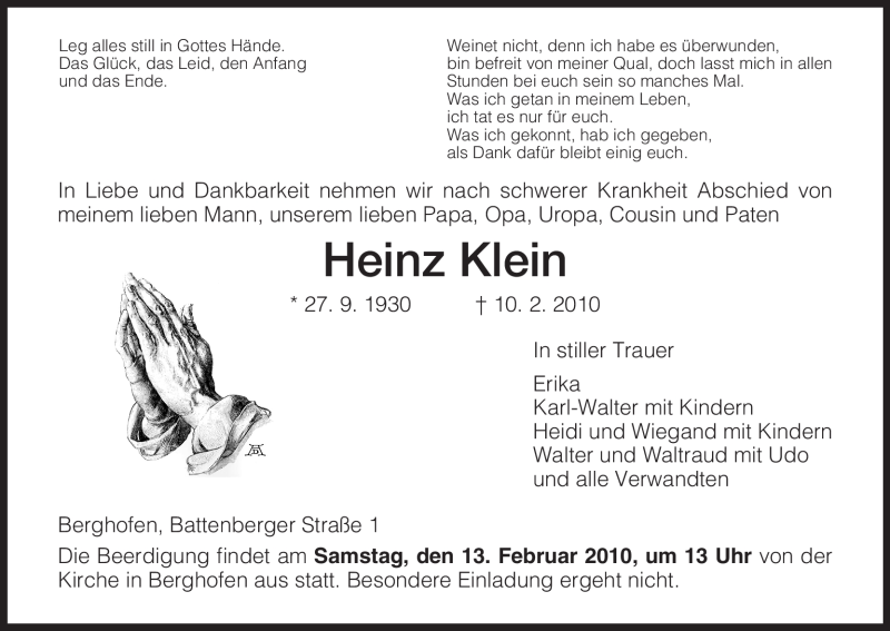  Traueranzeige für Heinz Klein vom 12.02.2010 aus HNA
