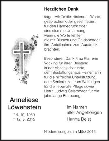 Traueranzeige von Anneliese Löwenstein von HNA