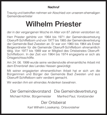 Traueranzeige von Wilhelm Priester von HNA