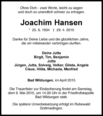Traueranzeige von Joachim Hansen von HNA
