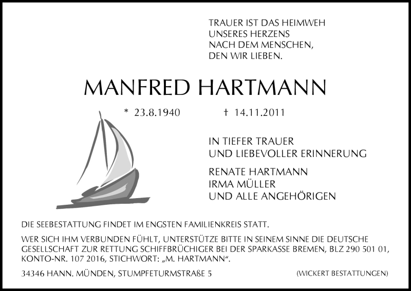  Traueranzeige für Manfred Hartmann vom 23.11.2011 aus HNA