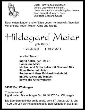 Traueranzeige von Hildegard Meier von HNA