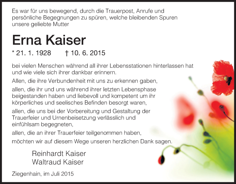  Traueranzeige für Erna Kaiser vom 11.07.2015 aus HNA
