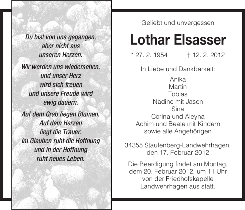  Traueranzeige für Lothar Elsasser vom 17.02.2012 aus HNA