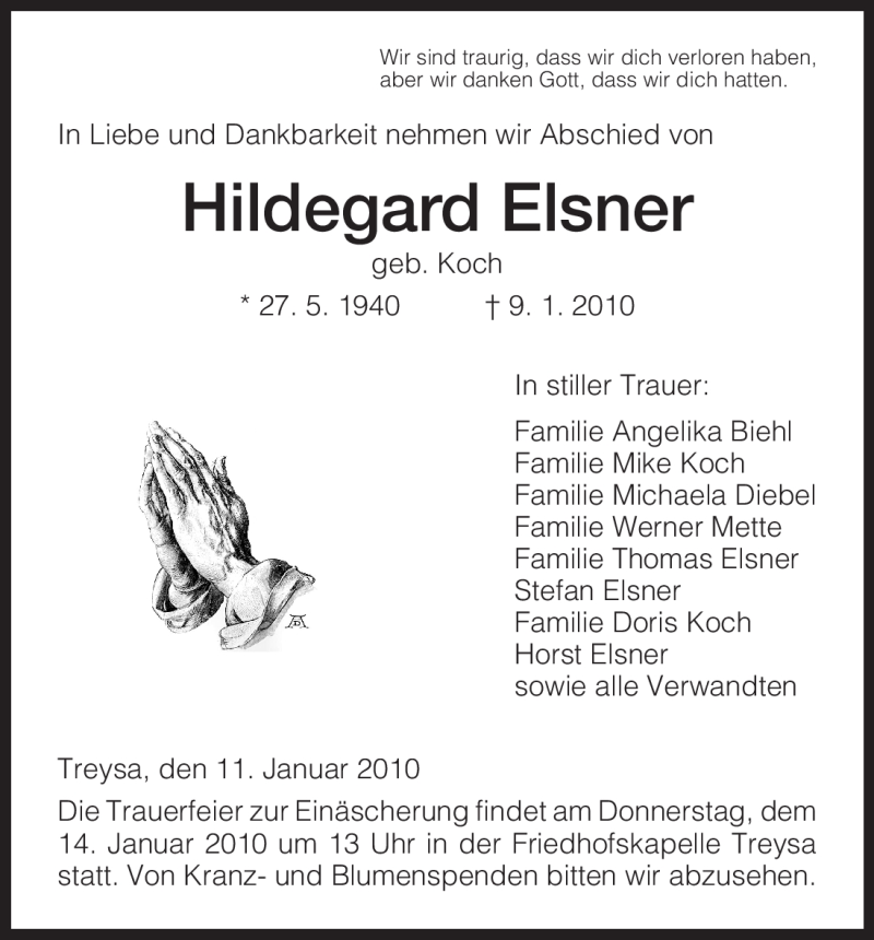  Traueranzeige für Hildegard Elsner vom 11.01.2010 aus HNA