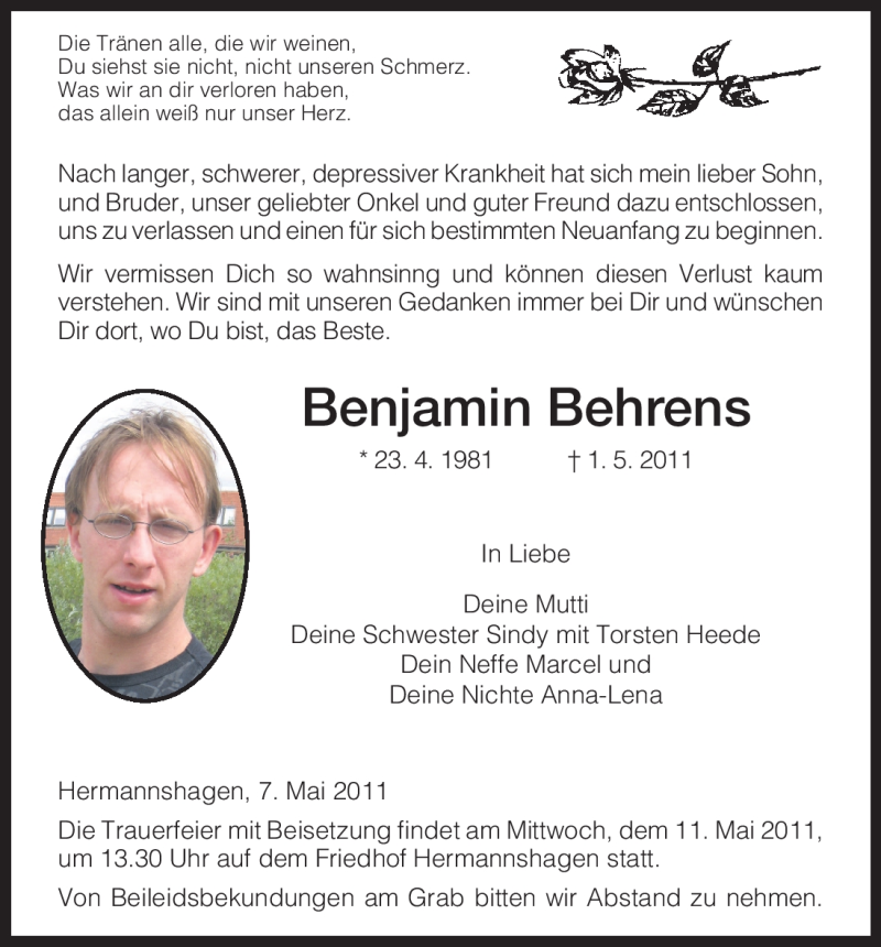  Traueranzeige für Benjamin Behrens vom 07.05.2011 aus HNA