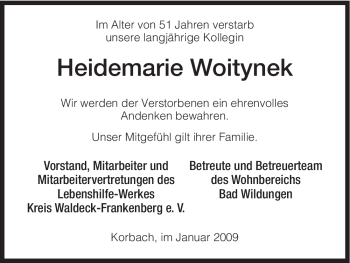 Traueranzeige von Heidemarie Woitynek von HNA