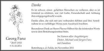 Traueranzeige von Georg Fanz von HNA