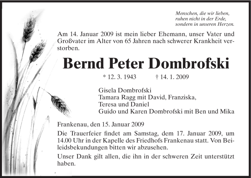  Traueranzeige für Bernd Peter Dombrofski vom 16.01.2009 aus HNA