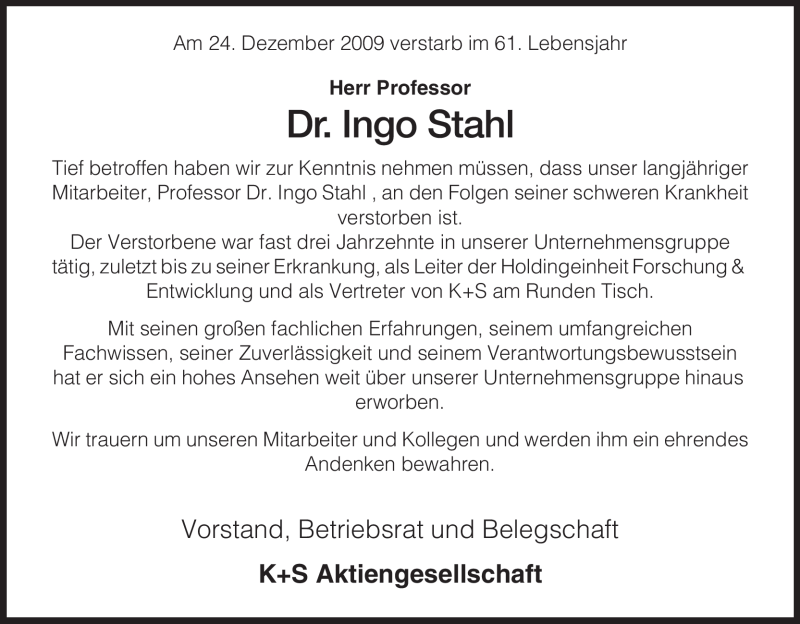  Traueranzeige für Ingo Stahl vom 30.12.2009 aus HNA